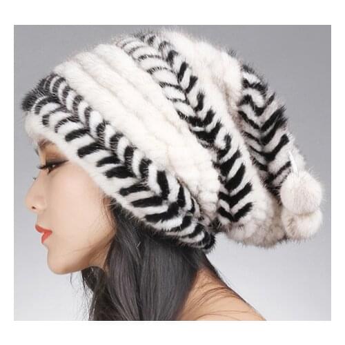 Women winter fur hat hair mink baggy beanie with fur ball black brown white stripe autumn knitted H915