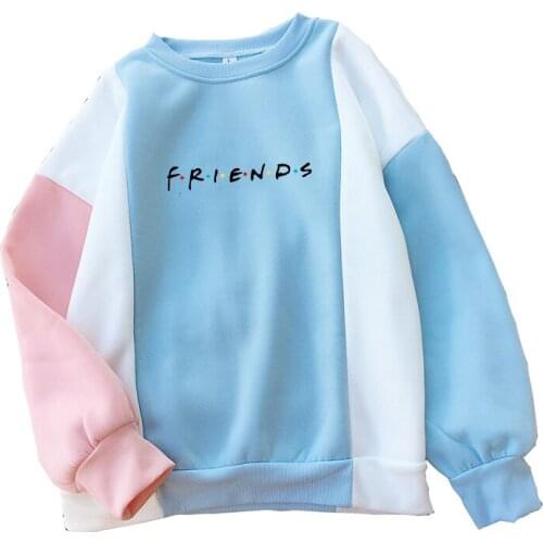 FRIENDS Letter Print Hoodis Women Streetwear Funny Color Block Patchwork O-neck Casual Harajuku Autumn Winter Fleece Sweatshirts