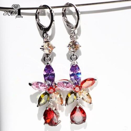 YaYI Jewelry Multi-Color Hot Natural Garnet Gemstones Zirconia Silver Color Wedding Party Hoop Ear Stud Precious Tassel Earrings
