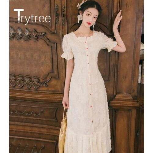 Trytree 2020 Summer Woman Dress Casual Square Collar Single Breasted Ruffles Tassel Vintage Fashion Elegant Vacation Beach Dress