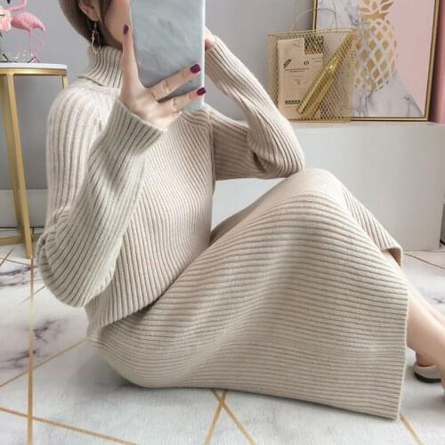 Ladies Turtleneck Midi Dress Pullover Sweater Women Autumn Winter Korean Version Loose Patchwork Thicken Keep Warm Casual Dress