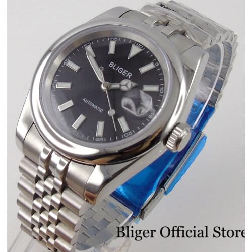 BLIGER Brand 39mm Polished Steel Mechancial Men Watch 21 Jewels MIYOTA 8215 Jubilee Strap Luminous Marks Screwdown Crown