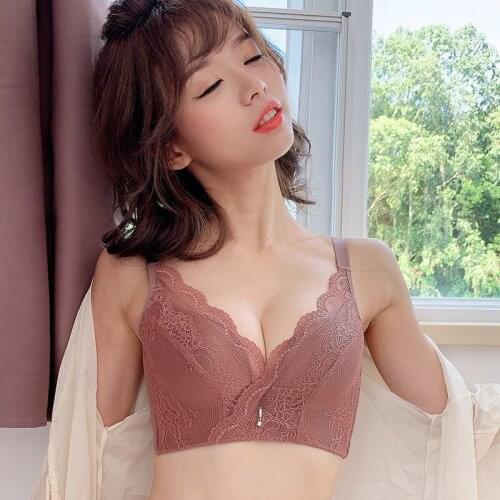 Sexy Chic Deep V Lace Gather Light Bras Heighten Side Women Without-rim Seamless Minimizer Brassiere Comfy Breathable Lingerie