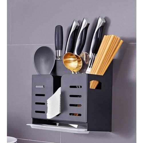 Black Stainless Steel 2 in 1 Wall Mounted Kitchen Storage Rack for Knives Holder Cutlery Organizer Spoons Forks Tools Container