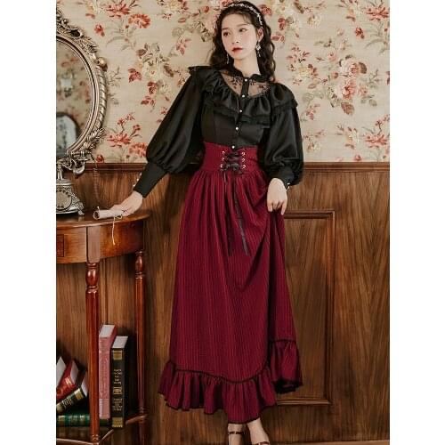 Korean Style Elegant Women Suits Vintage Lantern Sleeve Casual Black Shirt & Burgundy Stripe Long Maxi Skirt For Slim Lady Sets