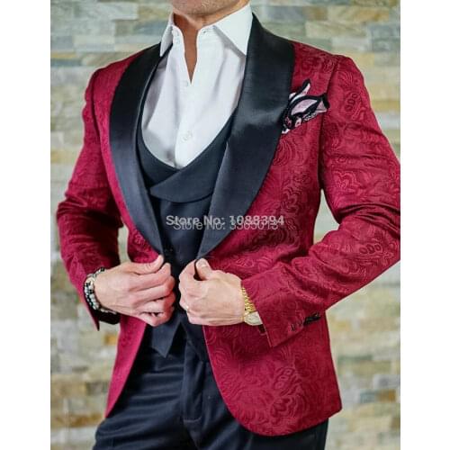 JELTONEWIN 3 Pieces Men Suits 2021 Formal Slim Fit Burgundy Paisley Groom Suit Mens Tuxedo Wedding Party Suits Costume Homme
