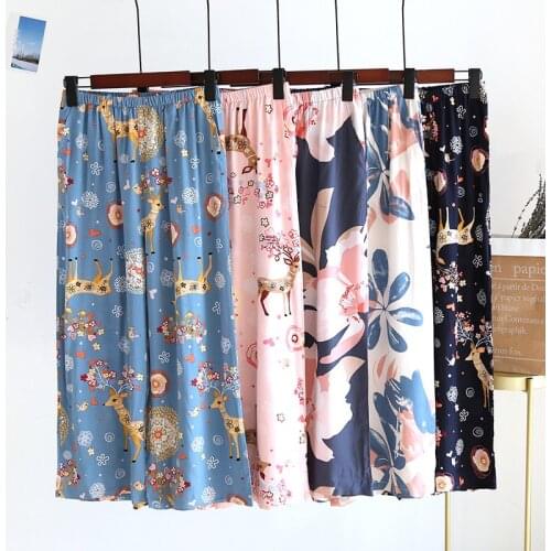 Summer Women Bottoms Pajama Pants Cotton Silk Seven Cent Pants Loose Comfy Wide-leg Home Ladies Flower Shorts Beach Trousers