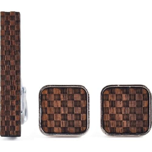 Linbaiway Wooden Cufflinks+Tie Clips+Box Set for Mens High Quality Brand French Shirts Square Cassic Cufflinks Gift Cuff Buttons