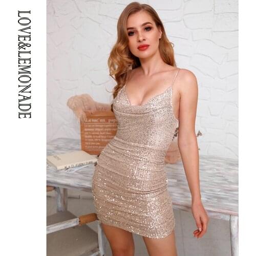 LOVE&LEMONADE Sexy V-Neck Silver Elastic Sequin Bodycon Sling Mini Dress WD02028