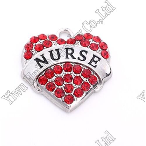New Arrival 20 pcs a lot rhodium plated NURSE with red/pink/blue/white crystal heart pendant Best-Selling