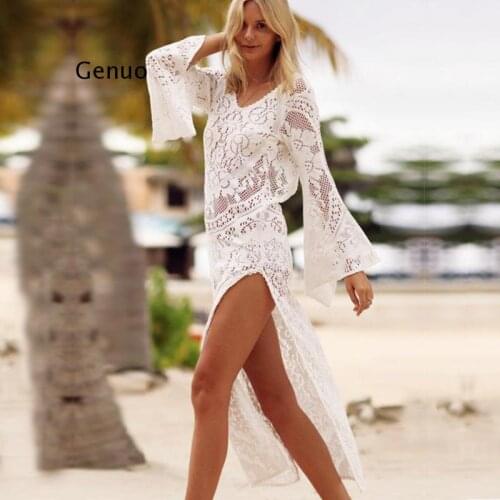 Backless Beach Cover Up Hollow Swimsui Women Coverup Solid Bathing Suit Cover-Ups Cardigan Sexy Tapados Mujer Lace Beach Dress