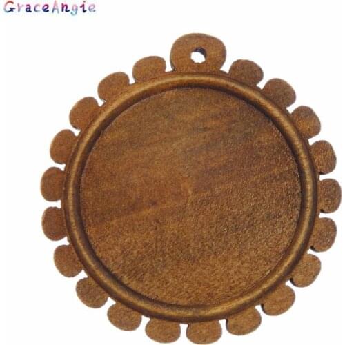 5pcs Vintage Hollow Round Bezel Cup Tray Blank Base Cabochon Pendant Wood Printing Charms For Necklace Earring DIY Findings