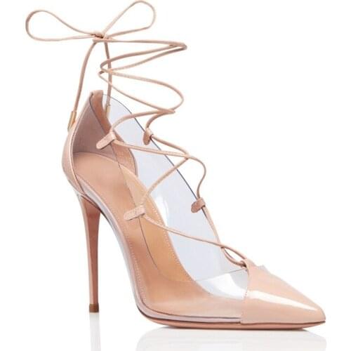 Cross-strap Transparent Shoes Thin Heels Pointed Toe Lace-up Lady Shoes Patchwork Pumps High Heel Single Shoes Zapatos Mujer
