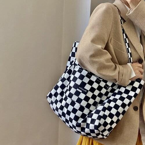 Retro Checkerboard Womens Canvas Shoulder Bag Black White Plaid Large Capacity Girls School Book Handbags Female Shopping Bags