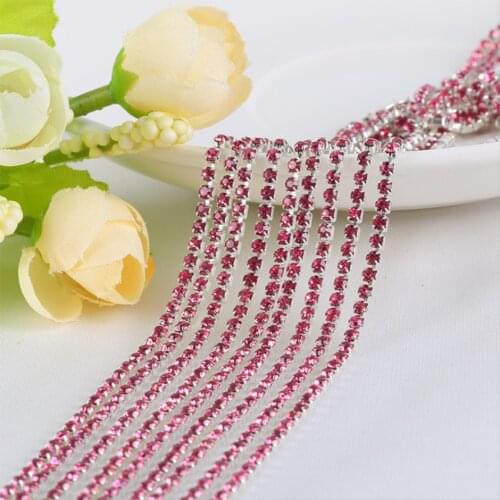 Light Rose Red 10Yards DIY Rhinestone Chain Dense Silver bottom sewing Rhinestones for clothing Art Decoration