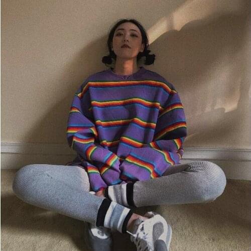 Women Rainbow Striped Pullover Sweatshirt Fleece Thickening Autumn Winter Loose Jumpers 2020 New Oversized Hoodies 56532