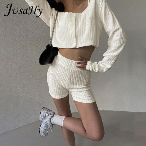 JuSaHy Solid Autumn Women’s Three Pieces Sets Tank Tops+Long Sleeves Sing Breasted Tops+Shorts Matching Outfits Streetwear