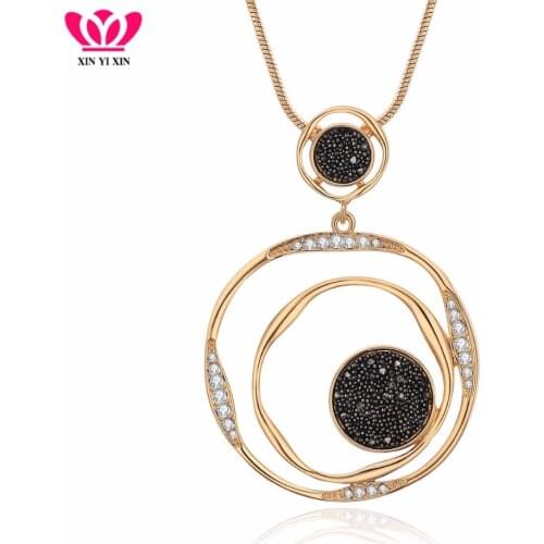 Vintage Gold Circles Pendant Necklaces Black Leather Crystal Necklace For Women Long Sweater Necklace Statement Jewelry 2018 New