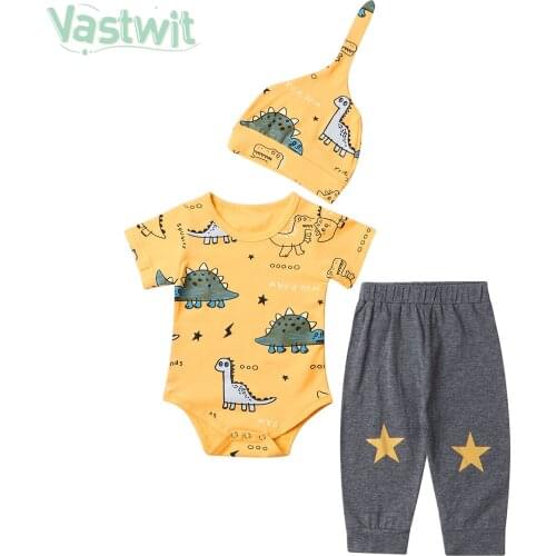 Summer Infant Baby Girl Boy Clothes Set 3Pcs Dinosaur Print Romper Short Sleeve Tops Pants Hat Newborn Clothing 0 3-18 Month Set