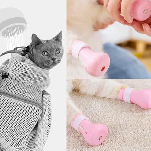 4pcs Adjustable Pet Cat Paw Protector For Bath Soft Silicone Shoes Cat Paw Cover