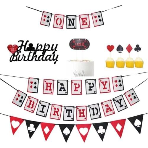 Casino Night Poker Happy Birthday Banner Las Vegas Playing Cards 1st One Garland Cake Toppers for Birthday Party Decoration