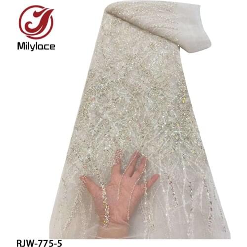 White Wedding Lace Fabric Sequin Bead Tube Embroidery Fabric Embroidery French Mesh Tulle Lace Evening Dress RJW-775