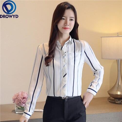 Fashion Striped Women Blouses Long Sleeve Turn-down Collar Chiffon Blouse Women Shirts Korean Plus Size Women Tops Blusas Mujer