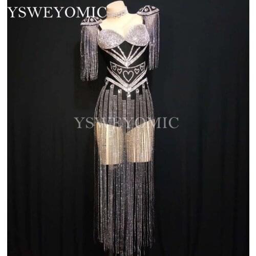 YSWEYOMIC Black White Red Crystal Bodysuit Sexy Women Sparkly Tassel Outfit Celebrate Costume Stage Party Singer Dance Wear