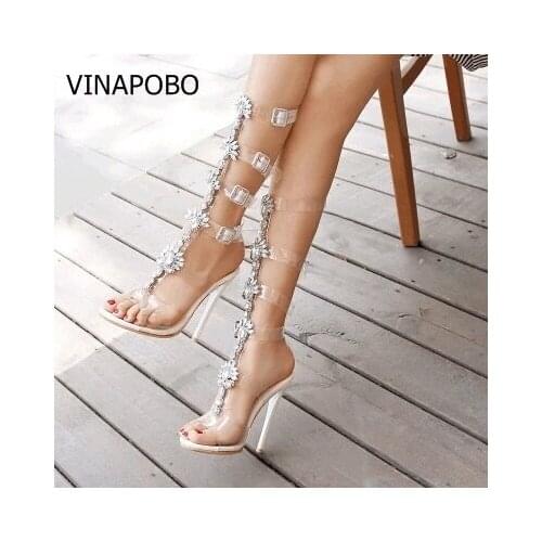Summer Flats transparent Sandal Gladiator Gold Rhinestone Knee High Buckle Strap Woman Boots Bohemia Style Crystal Beach Shoes