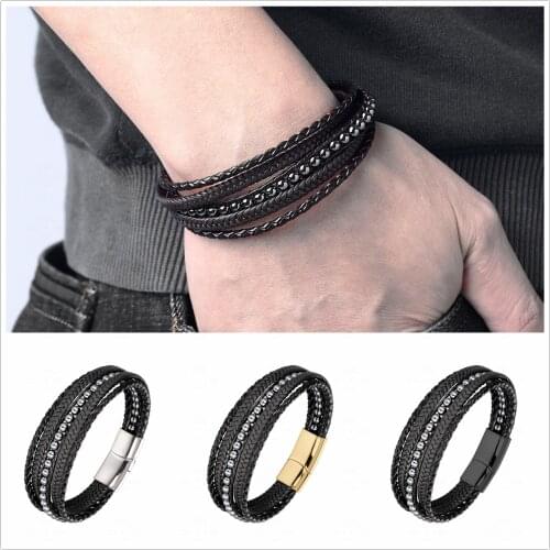 Natural Hematite Stone Yoga Bracelet Leather Stainless Steel Magnetic Clasp Multilayer Braid Rope Chain Bangle Men Jewelry Gift
