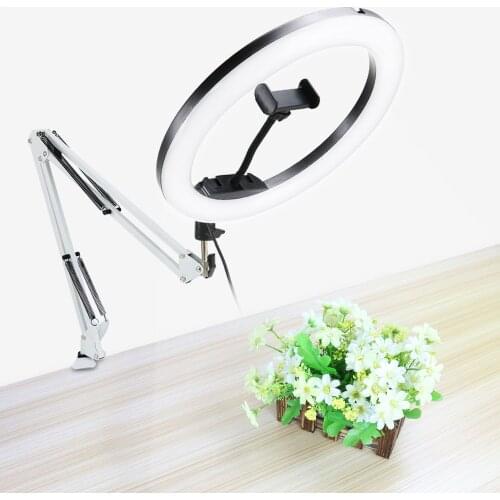 Dimmable LED Selfie Ring Light With Long Arm Tripod Phone Holder Stand For Makeup Youtube Video Lives Photography Lighting Lamp