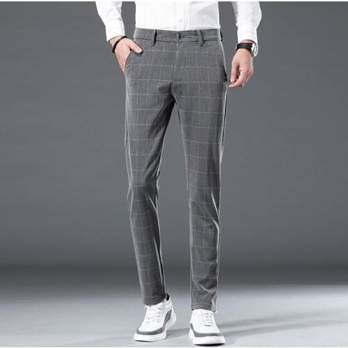 2021 spring autumn fashion brand mens slim casual stretch trousers men lattice business formal trousers long Pants Brand male
