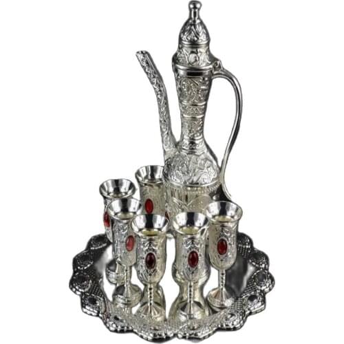 Collectible Miao Silver Carve Flower Inlay Bead Noble Teapot Plate Cup