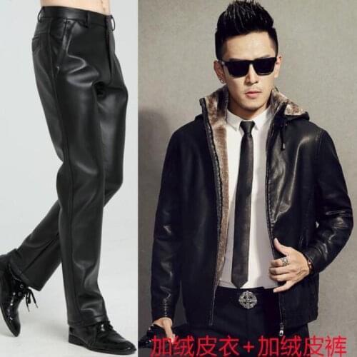 Winter stand collar leather jacket men motorcycle faux leather coat and leather pants 1 set Plus velvet thicken black autumn