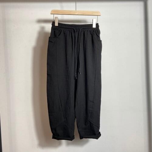 2021 summer dark wind mens Japanese casual Capris solid linen light version thin straight Harlan pants trend