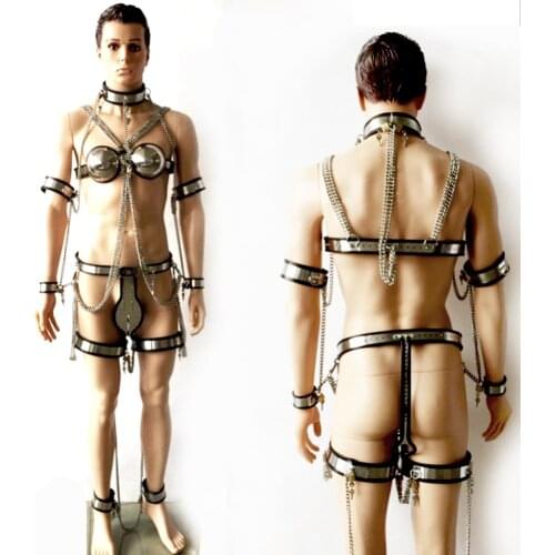 Stainless steel male chastity belt +collar+bra+handcuff/arm ring+thigh ring+ legcuffs with Chain 7pcs/set sex bondage bdsm toys