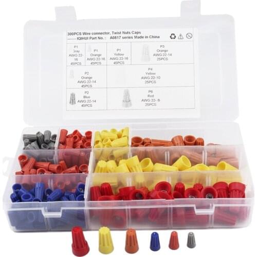 NEW-300 PCS Wire Connector Twist on Electrical Nut Spring Cap Easy Twist-On Ribbed Cap Assortment - Grey, Blue, Orange, Yellow