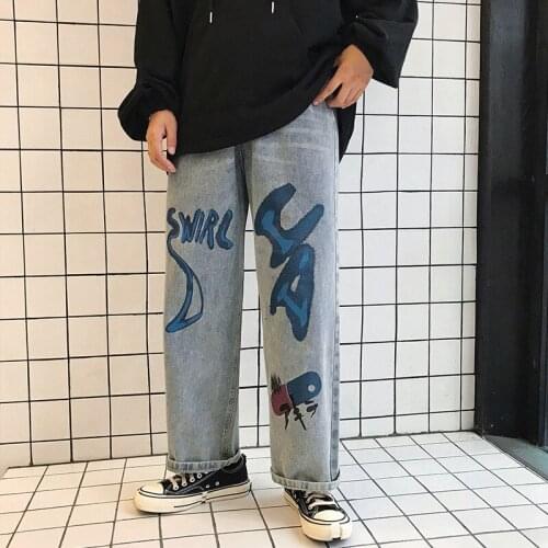Wholesale 2020 Fashion Denim Trendy brand jeans mens Korean youth printing loose fit straight versatile wide-leg harem pants