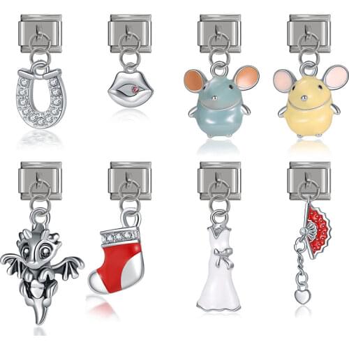 Hapiship Original Daisy Mouse Horseshoe Christmas Sock CZ Italian Charm Fit 9mm Bracelet Stainless Steel Jewelry Making DJ169