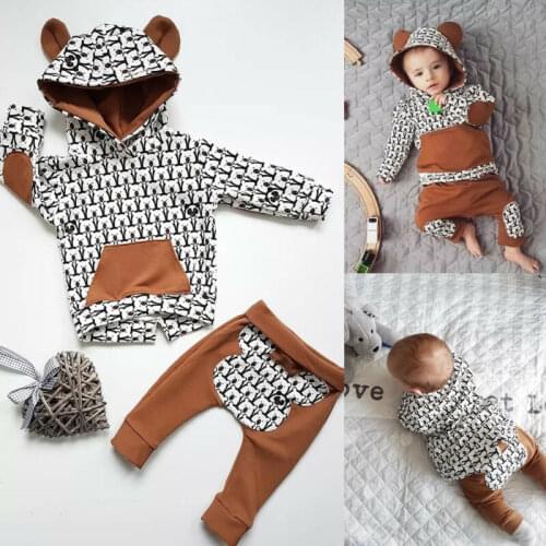Autumn Winter 2 Pieces Newborn Infant Baby Boys Clothes Set Hooded Bear Tops Pullover Sweatshirt Pants Outfits Clothing Sets