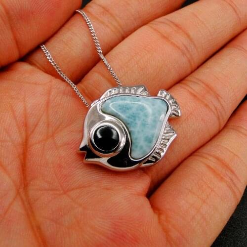 100% real 925 Sterling Silver Blue Natural Dominica Larimar Sea Life Animals Sea Fish Nemo Fish Pendant Necklace For Gift