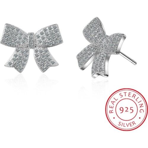 Real S925 Sterling Silver Cute Bowknot Stud Earrings for Women 2020 Bling Zirconia Stone Fine Jewelry Korean Earrings Party Gift