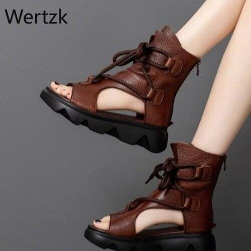 Soft Leather Sandals Womens New Summer Thick Soled Female Fish Mouth Muffin Shoes Roman High Tops Sandals Boots National Style