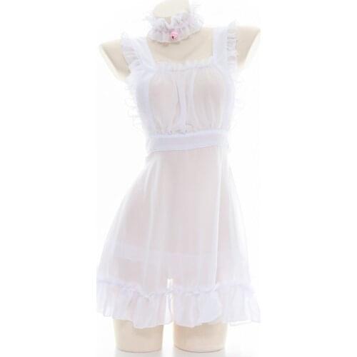 Sexy Semi-transparent Maid Outfit Apron Cosplay Girls Sling Waveselvedge Dress Women Private Room Pajamas Lace Collar Bells
