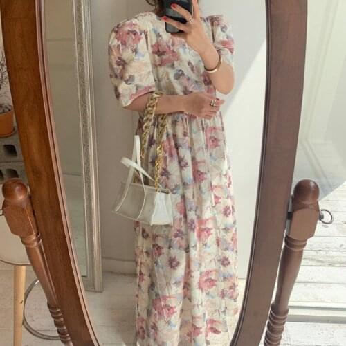 Chic Women Chiffon Summer Dress O-Neck Printed Floral Dresses for Women Sweet High Waist Loose Long Dress Vintage Vestido 14529