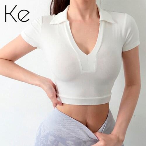 KE Thin short-sleeved fitness t-shirt womens running slim casual womens yoga sports lapel half-sleeved polo shirt women