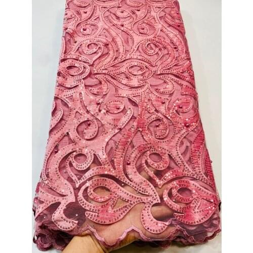 High Quality Sequined For Wedding Dress African Velvet Lace Fabric With Sequins Nigerian French Lace Beads Fabrics ELL3890 Pink