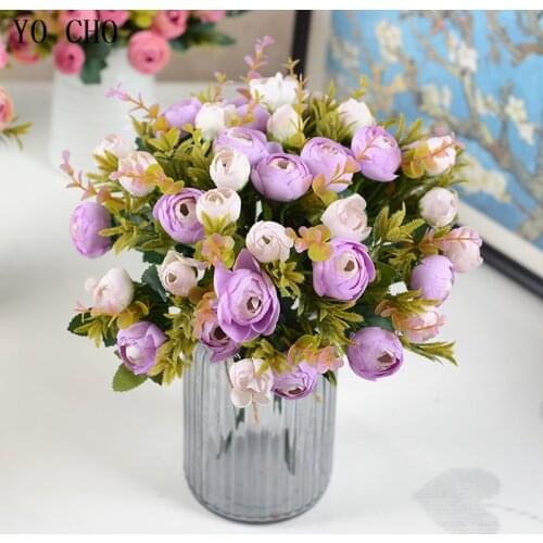 YO CHO Artificial Flower Silk Rose Fake Small Tea Rose DIY Wedding Mini Bouquet Purple Home Party Festival Decorative Flowers
