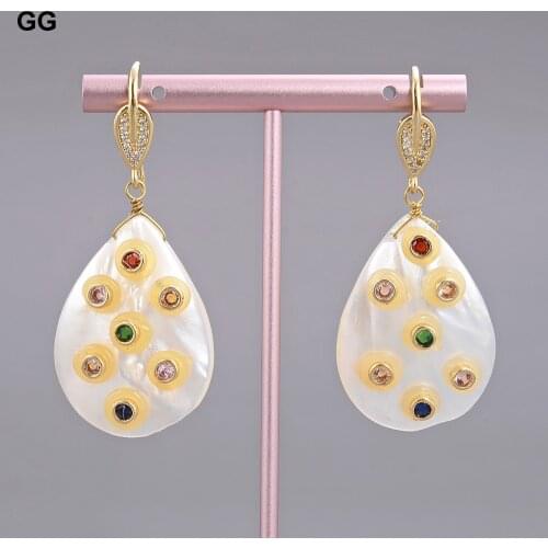 GuaiGuai Jewelry Teardrop White Shell Mop Trimmed Multi Color Cz Dangle Hook Earrings