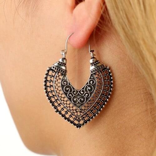 Jisensp Hot Ethnic Vintage Jewelry Carving Hollow Heart Earrings for Women Pendientes Mujer Brincos Bohemian Big Hoop Earrings